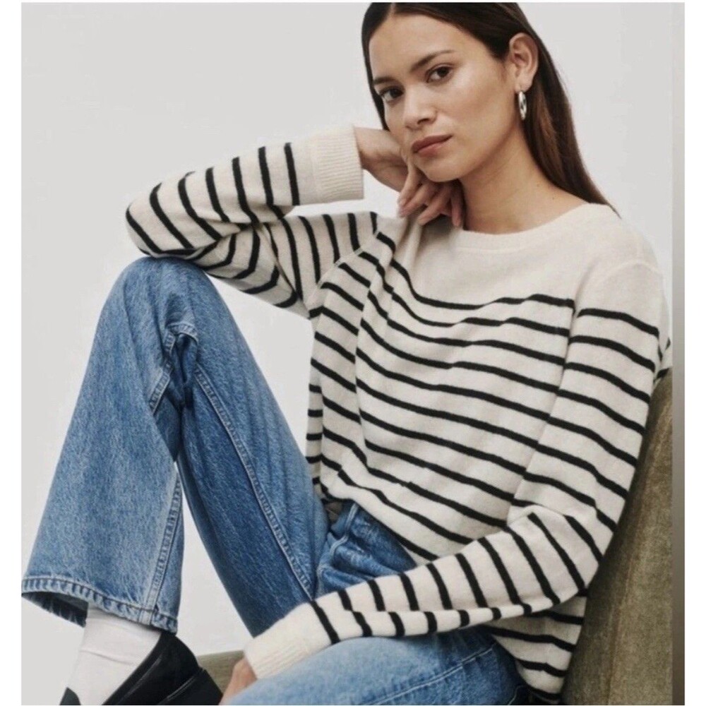 Reformation Cream & Black Striped Crewneck Sweater